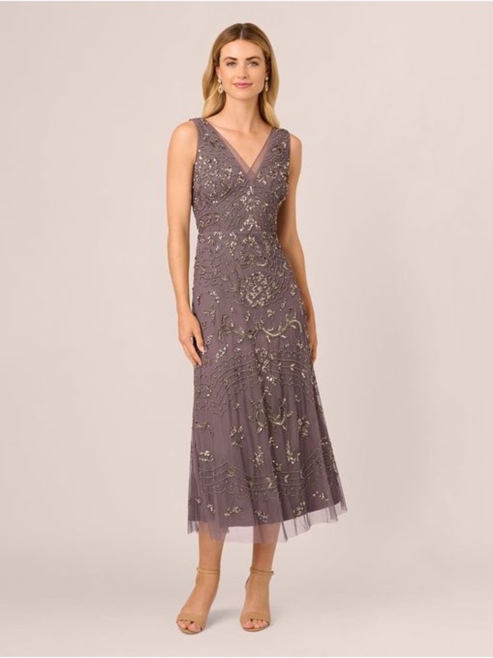 Adrianna Papell Moonscape Beaded Midi Dress NWT SZ 14 Cocktail Wedding Guest MOB